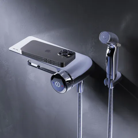 Смеситель TouchReel, монтируемый в стену с гигиеническим душем и полкой AM.PM X-Joy, хром